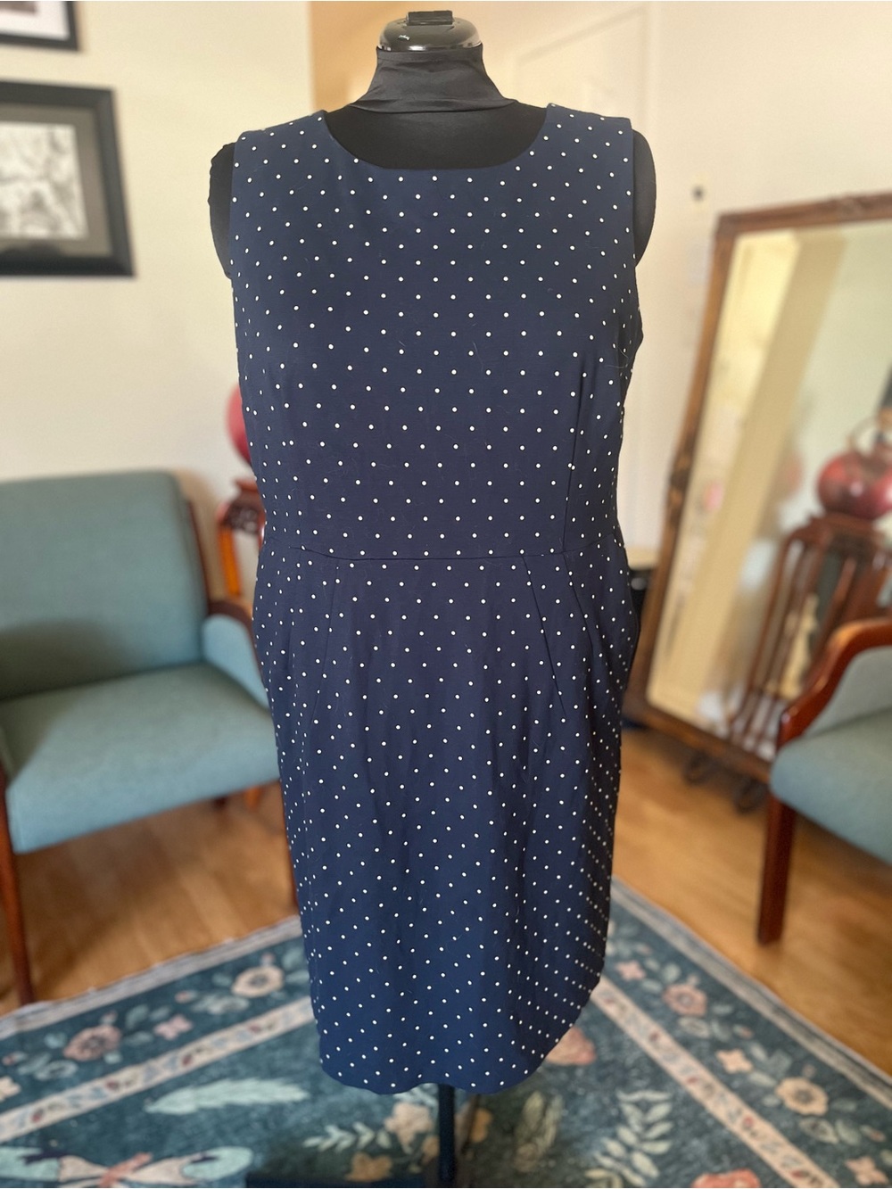 Lands' End Navy and White Polka Dot Sleeveless Ponte Sheath Dress